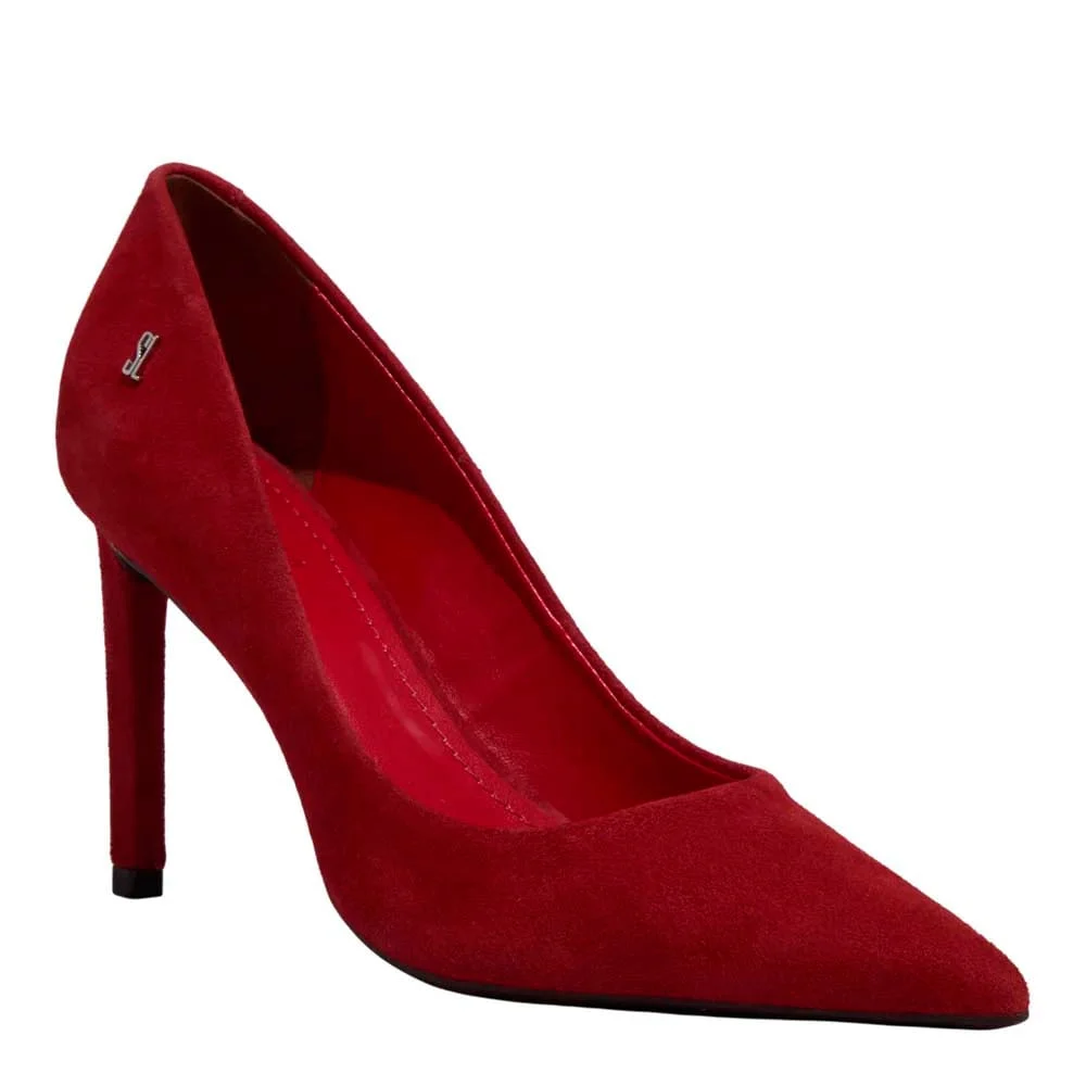 Scarpin Nobuck Vermelho Bico Fino Salto Alto - vista 2 de 3