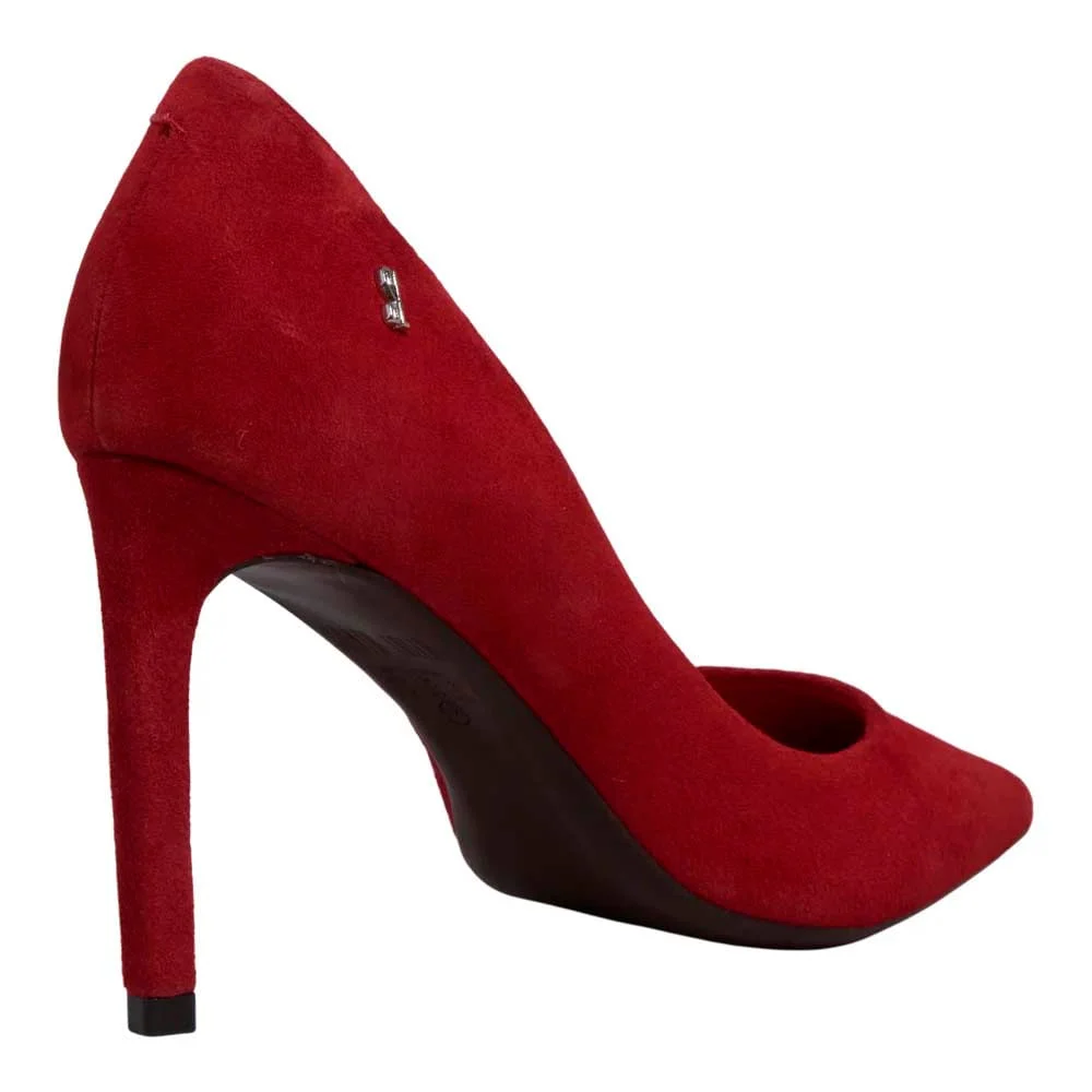 Scarpin Nobuck Vermelho Bico Fino Salto Alto - vista 3 de 3