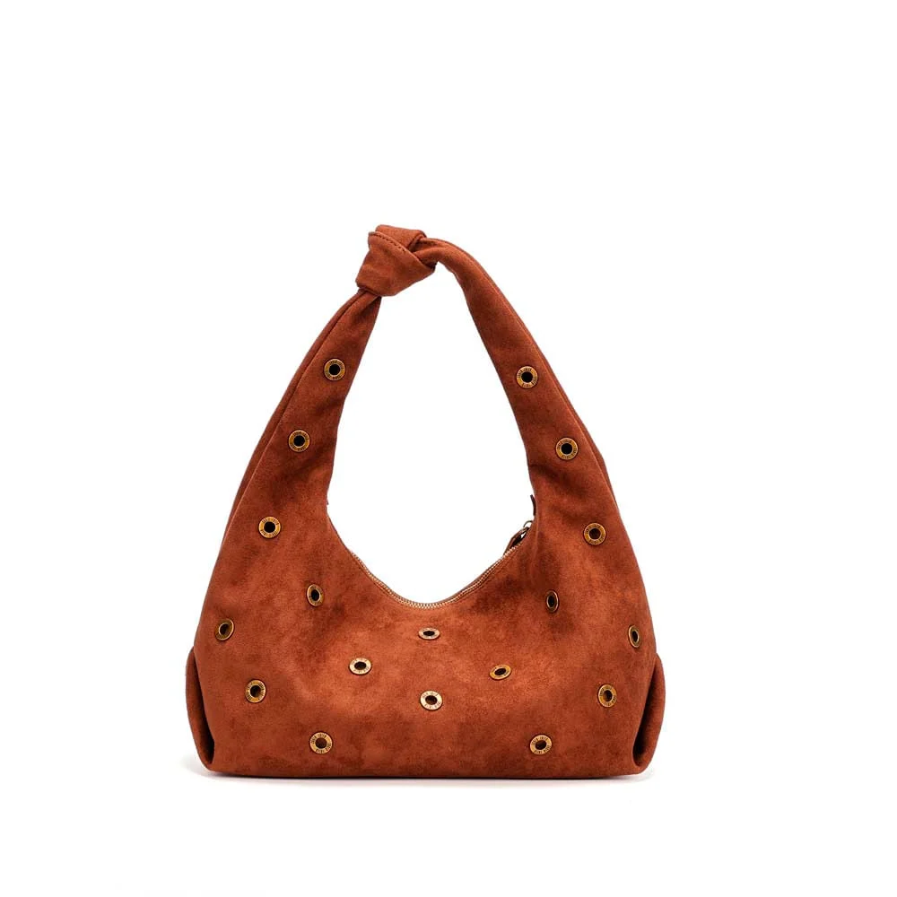 Bolsa Hobo Ilhós Camurça Marrom Brick Alça De Ombro - vista 3 de 5