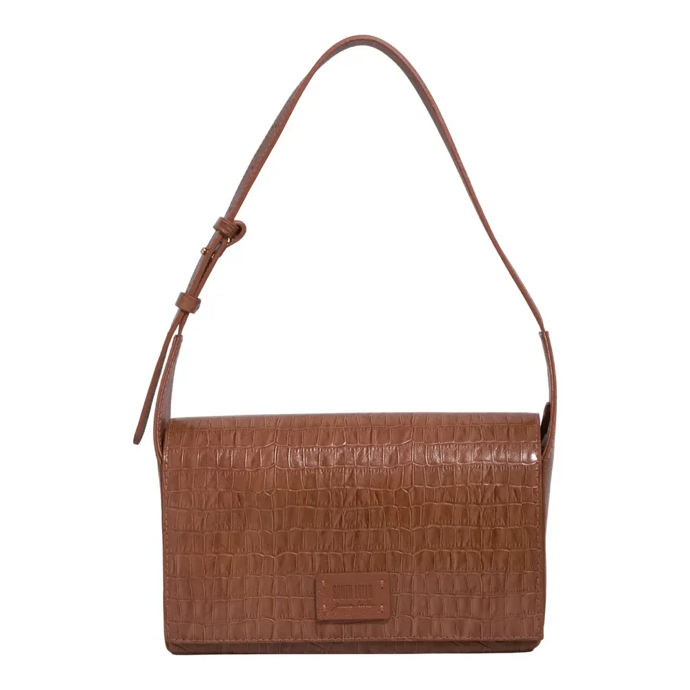 Bolsa Média Couro Croco Marrom Safari Alça De Ombro - vista 1 de 3