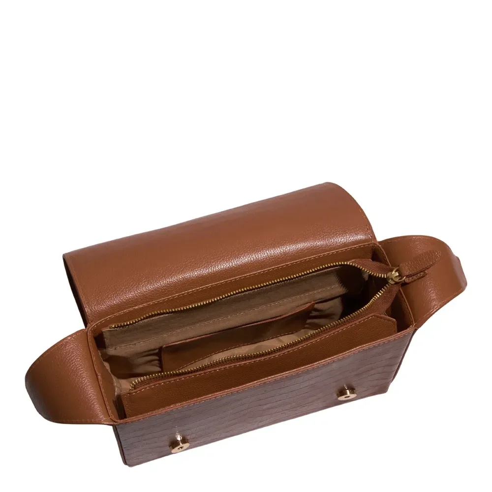 Bolsa Média Couro Croco Marrom Safari Alça De Ombro - vista 3 de 3