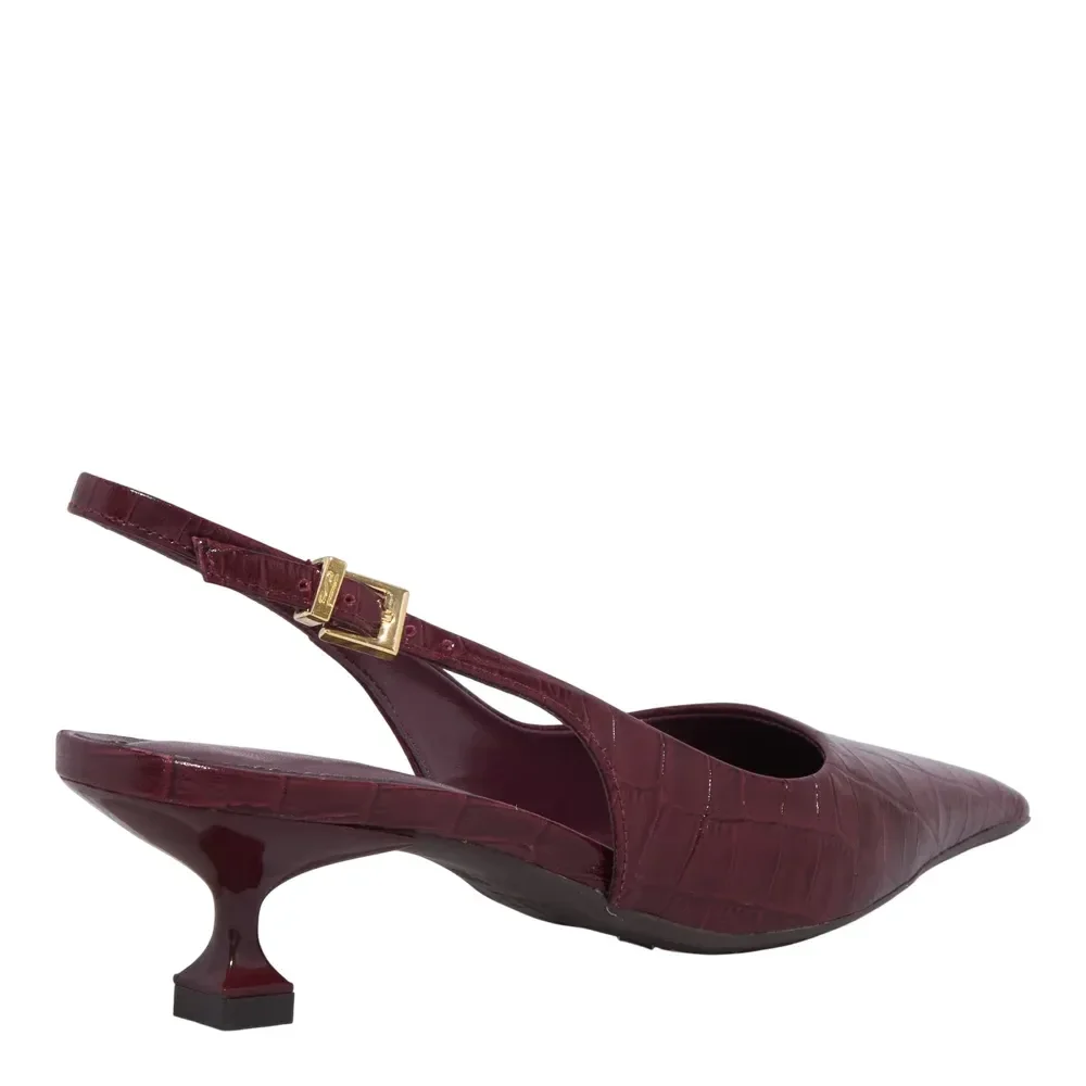 Scarpin Slingback Couro Croco Roxo Berry Bico Fino Salto Baixo - vista 2 de 2