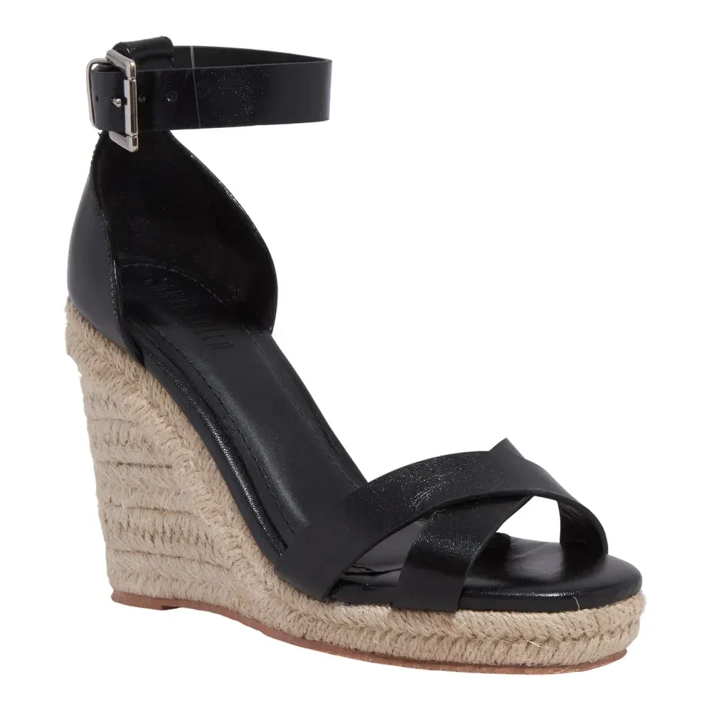 Sandália Espadrille Couro Confort Salto Anabela Preto - vista 2 de 3