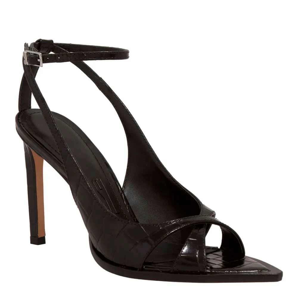 Sandália Peep Toe Croco Bico Folha Preta - vista 2 de 3
