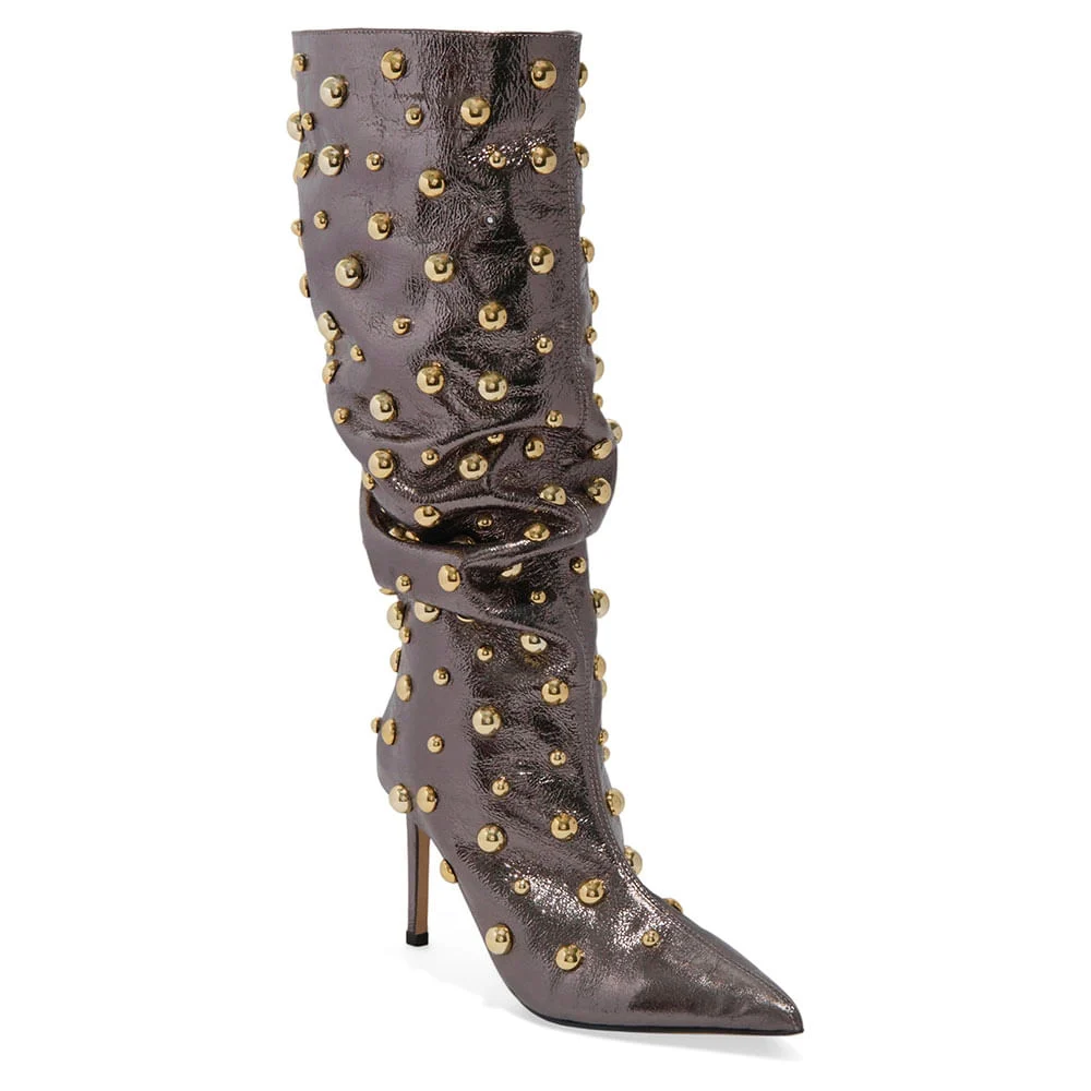 Bota Cano Longo Tachas Couro Metalizado Bico Fino Prata - vista 2 de 3