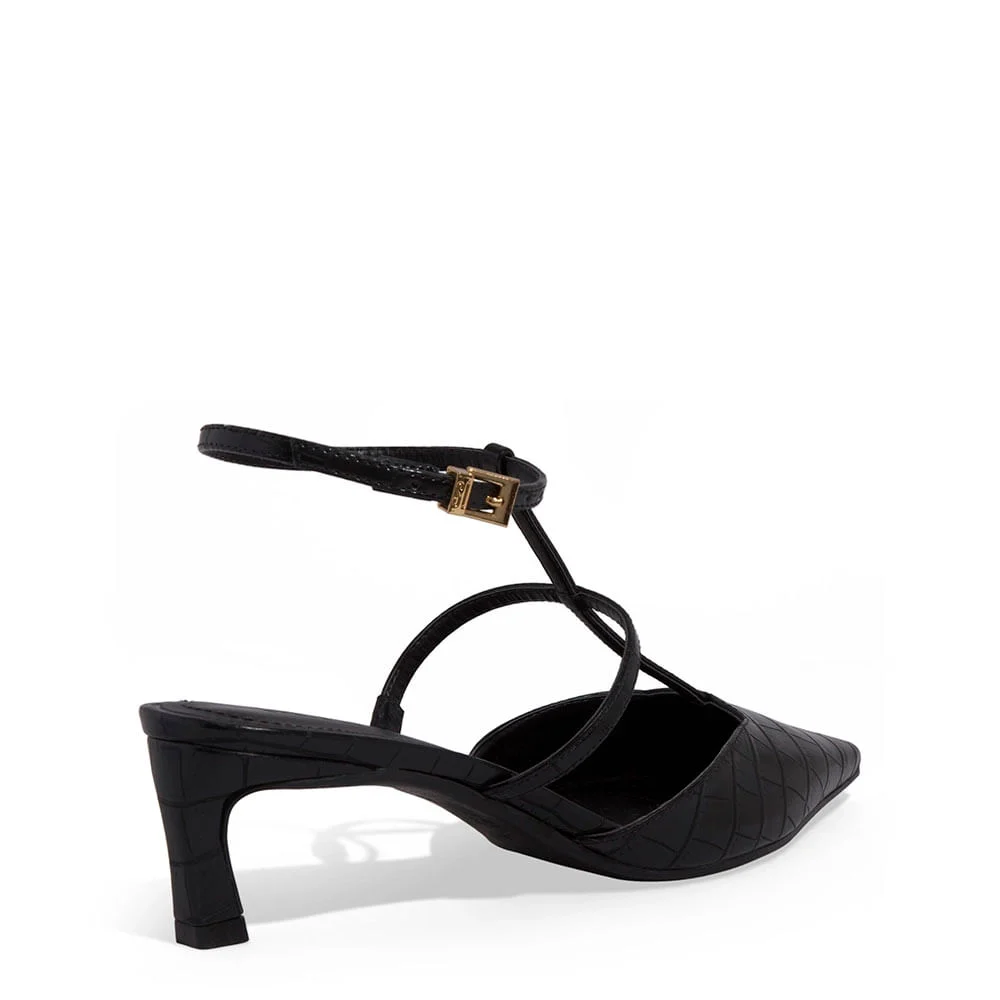 Scarpin Slingback Croco Salto Baixo Fino Preto - vista 3 de 3