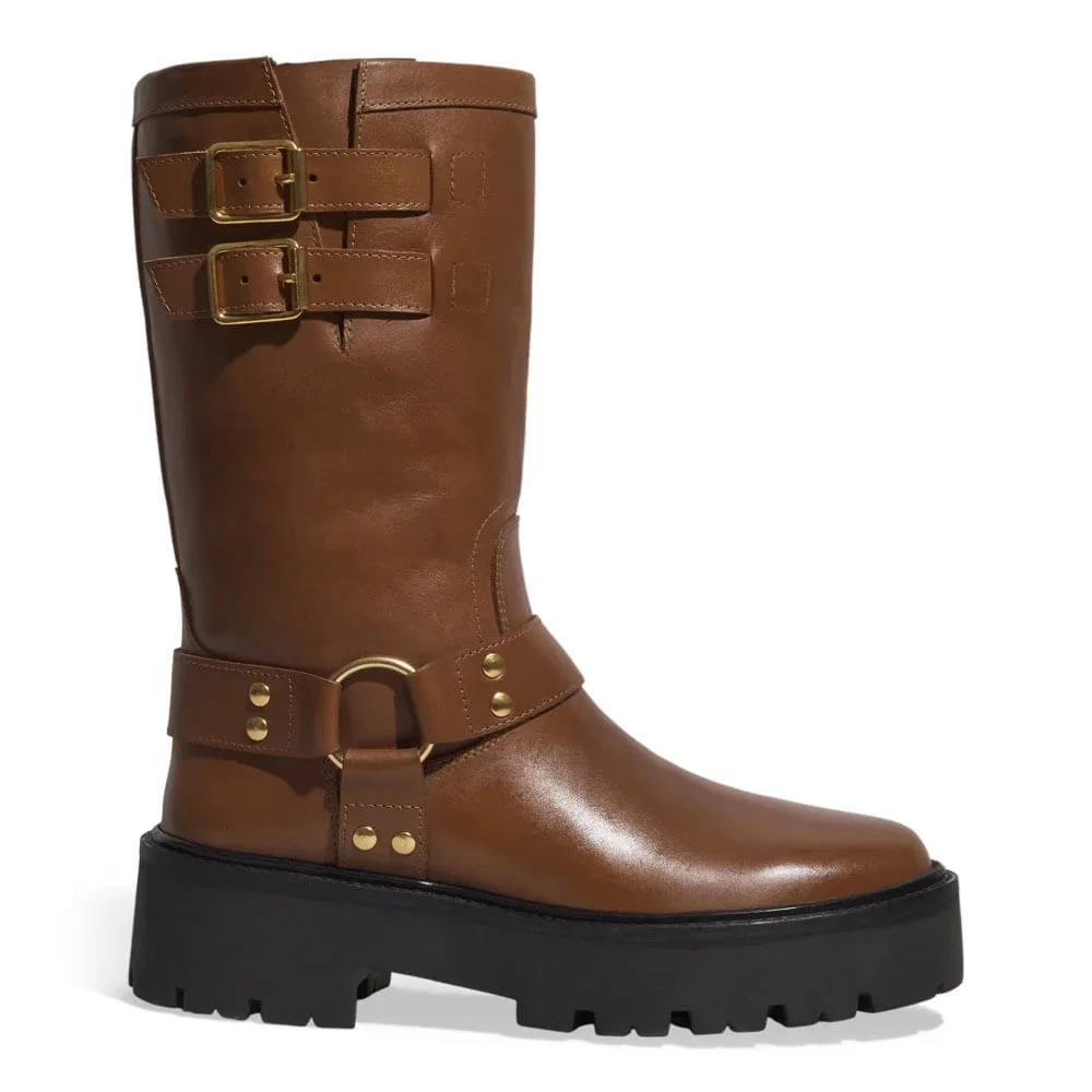 Bota Tratorada Couro Cano Médio Fivelas Marrom Safari - vista 1 de 3