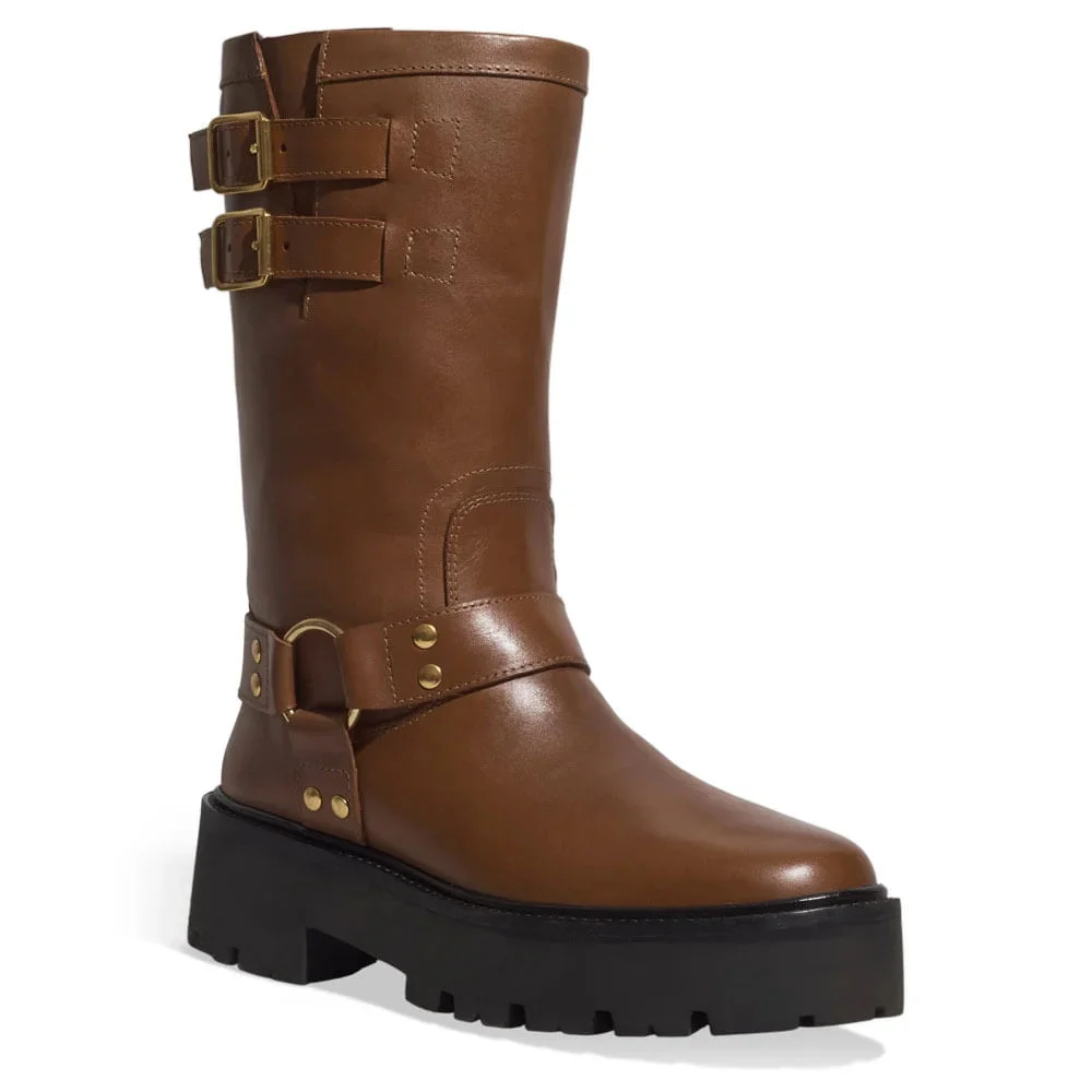 Bota Tratorada Couro Cano Médio Fivelas Marrom Safari - vista 2 de 3