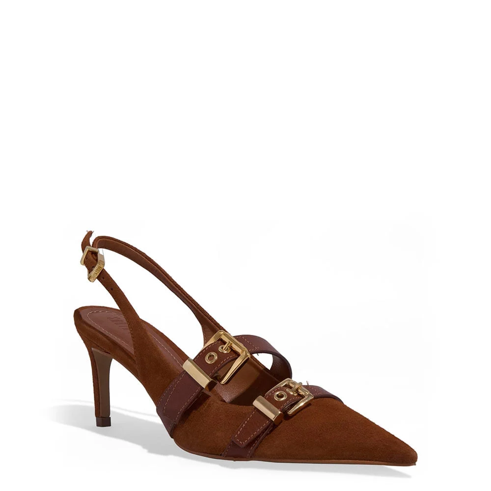 Scarpin Slingback Couro Camurça Salto Fino Marrom Safari - vista 2 de 3