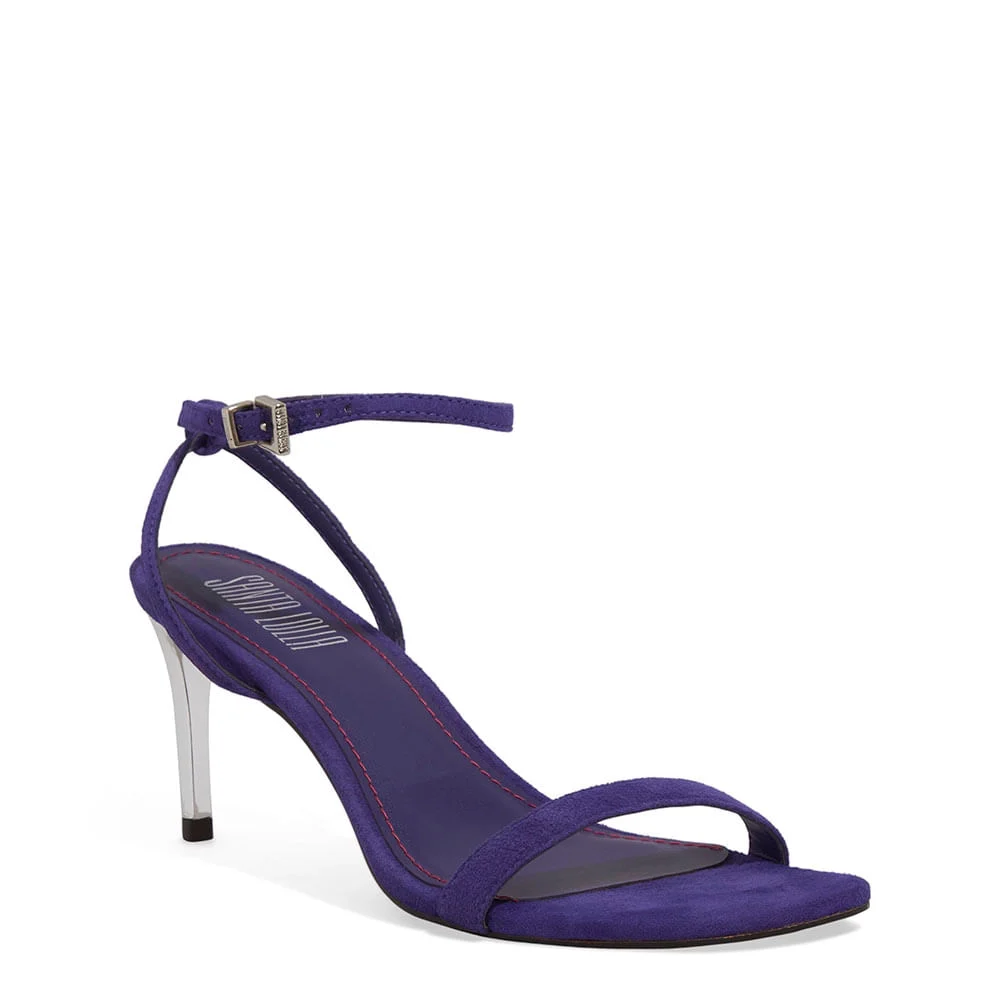 Sandália Couro Camurça Salto Fino Roxo Vamp - vista 3 de 4
