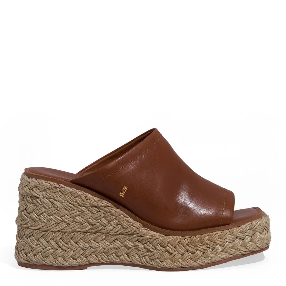 Mule Espadrille Anabela Couro Confort Marrom - vista 1 de 3
