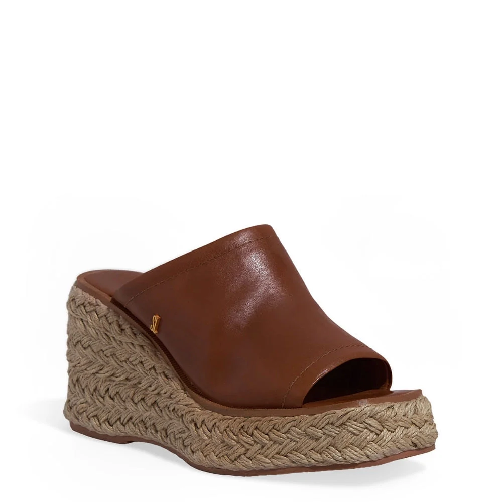 Mule Espadrille Anabela Couro Confort Marrom - vista 2 de 3