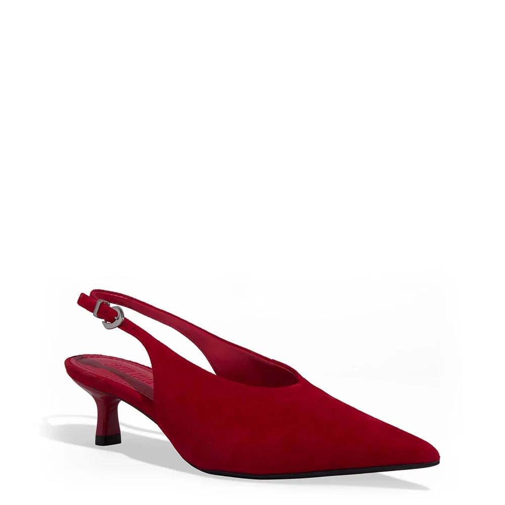 Scarpin Slingback Couro Camurça Bico Fino Vermelho Blood - vista 2 de 3