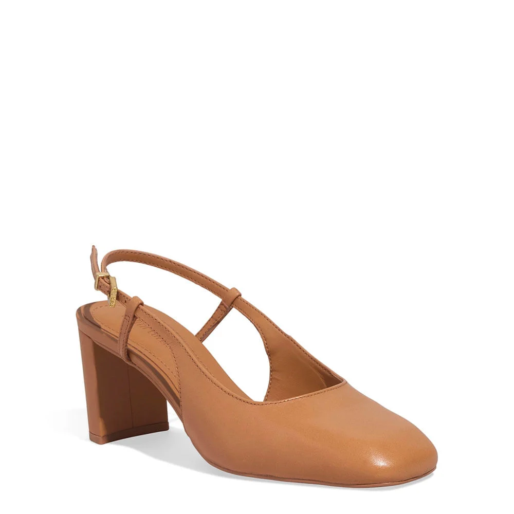 Scarpin Boneca Slingback Couro Nobre Salto Grosso Caramelo - vista 2 de 3