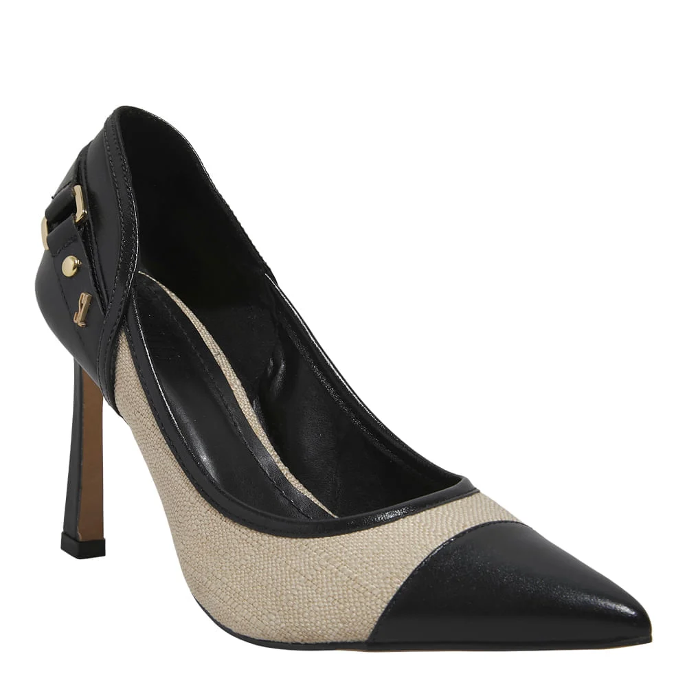 Scarpin Couro Bico Fino Preto Recortes Linho - vista 2 de 4
