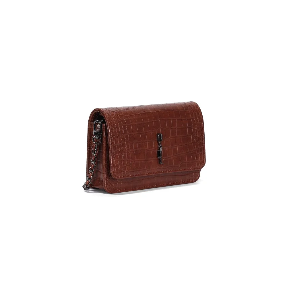 Bolsa Flap Pequena Croco Marrom Terracota Alça Corrente - vista 2 de 3