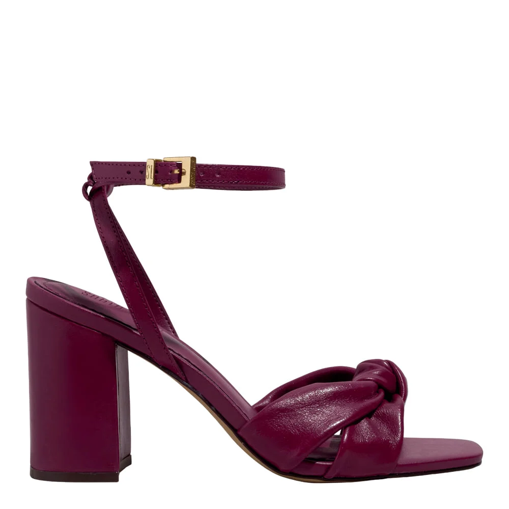 Sandália Laço Couro Nobre Soft Roxo Beterraba Salto Alto Grosso - vista 1 de 5