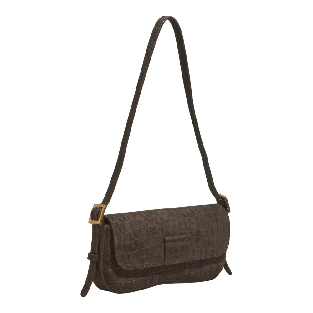 Bolsa Pequena Couro Camurça Croco Marrom Dark Alça De Ombro - vista 2 de 3