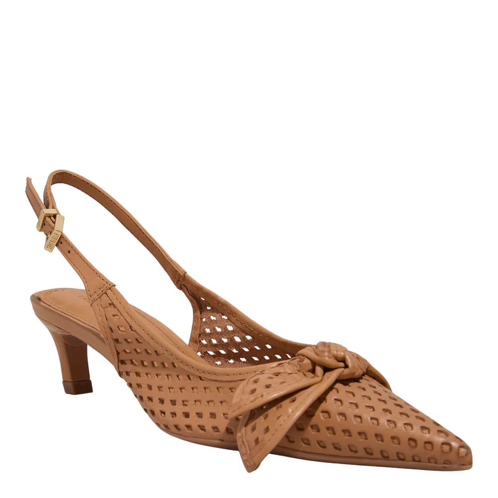 Scarpin Laço Couro Pelica Soft Marrom Doce de Leite Salto Baixo Bico Fino - vista 2 de 4