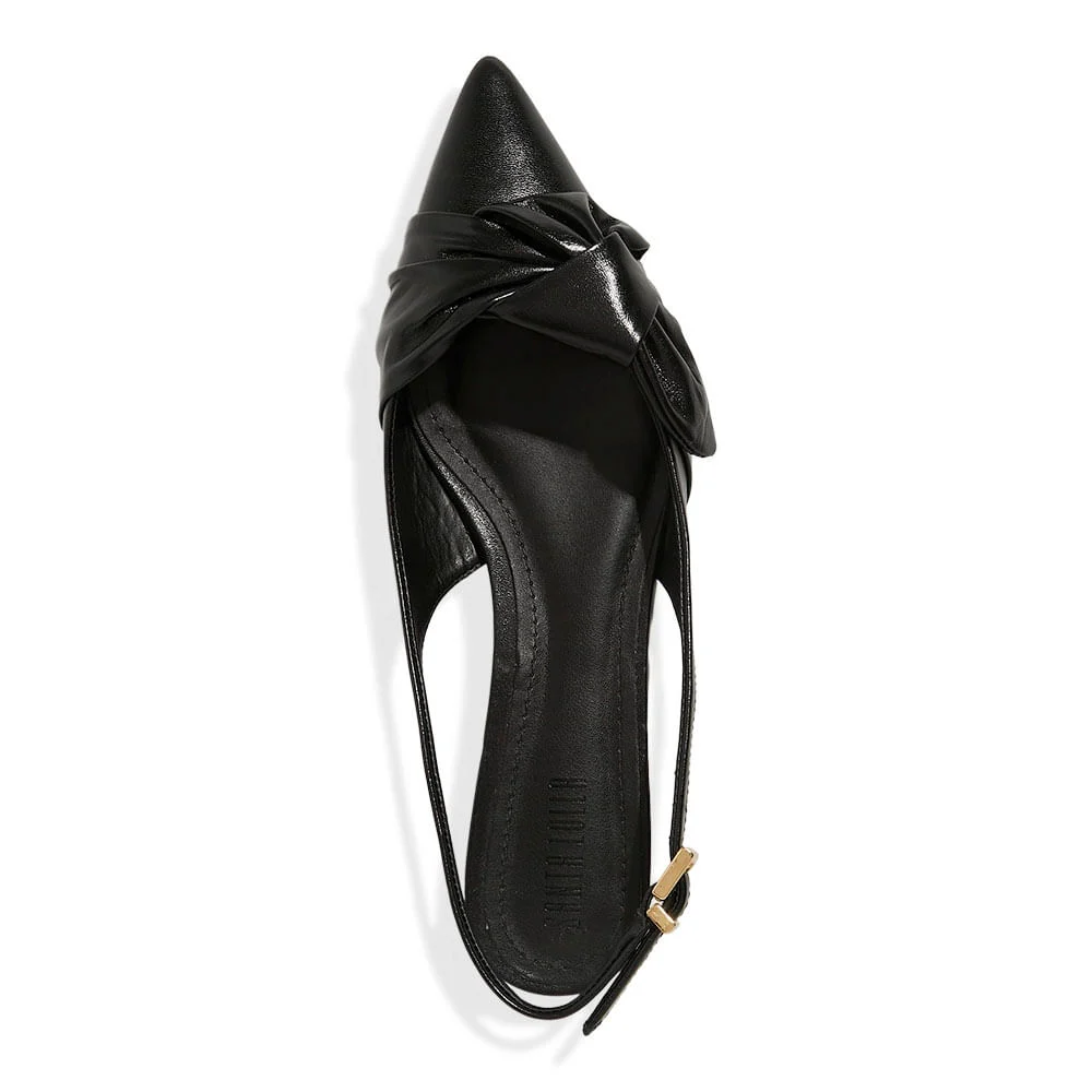 Sapatilha Slingback Couro Bico Fino Laço Preto - vista 4 de 6