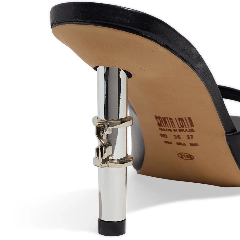 Mule Couro Confort Preto Salto Fino Metal - vista 3 de 5