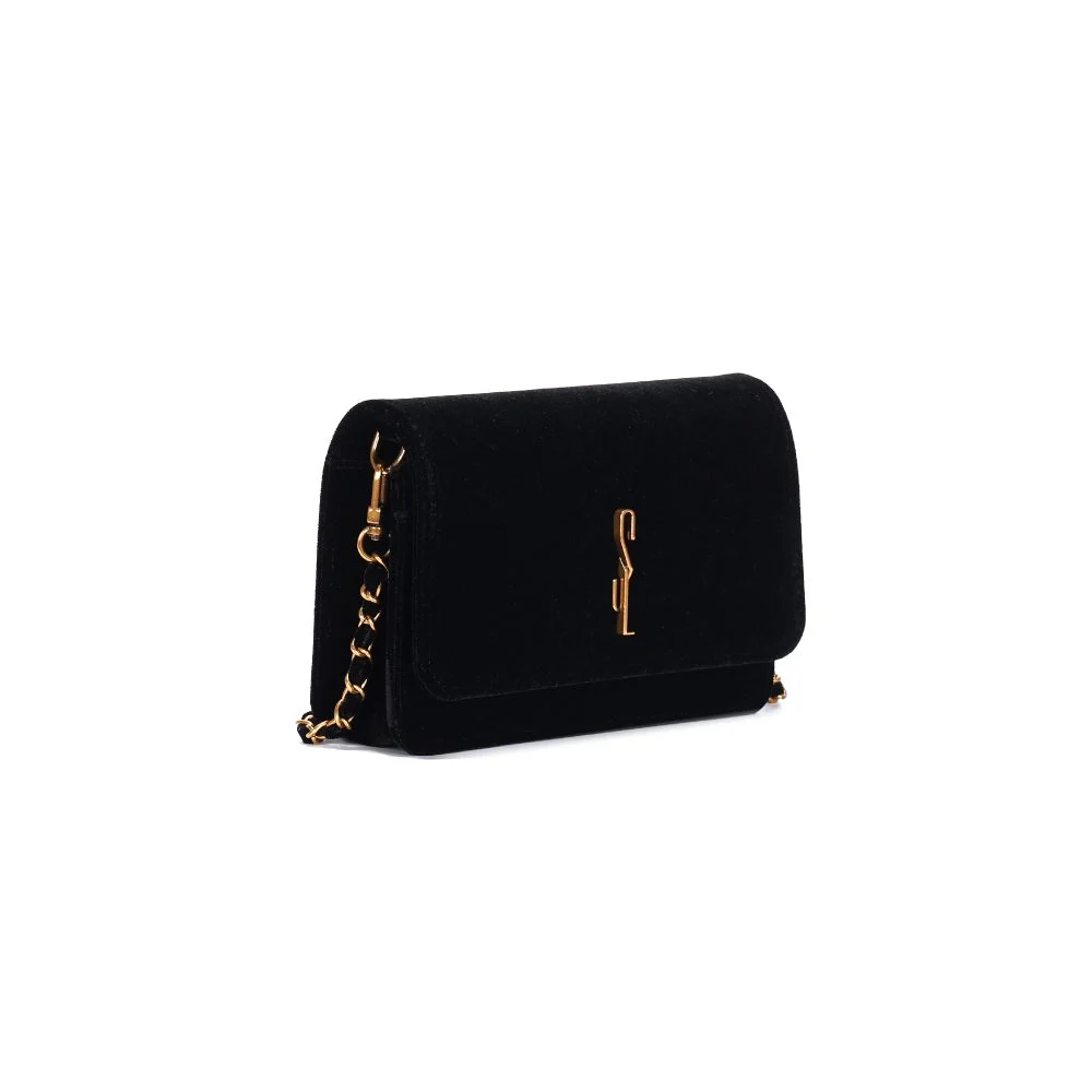 Bolsa Pequena Veludo Preto Alça Corrente - vista 2 de 3
