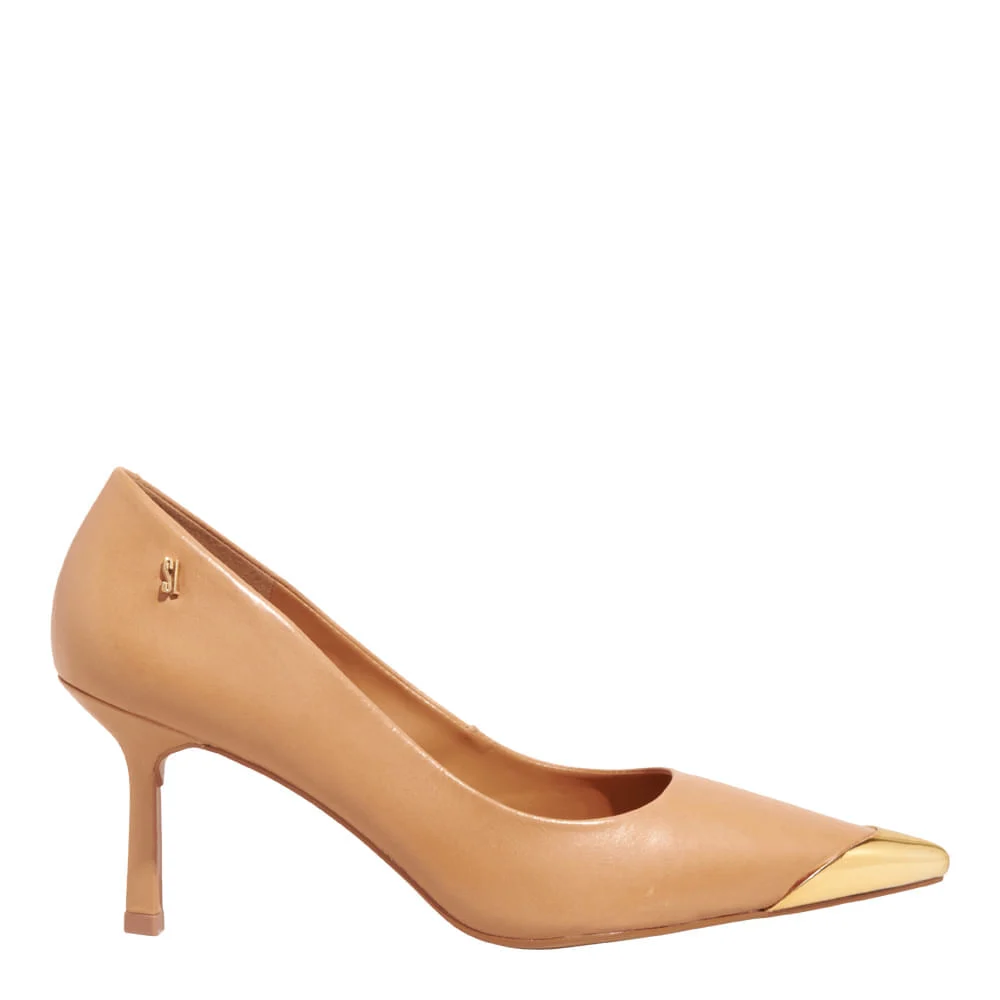 Scarpin Couro Pelica Soft Marrom Doce de Leite Bico Fino Metal - vista 1 de 4