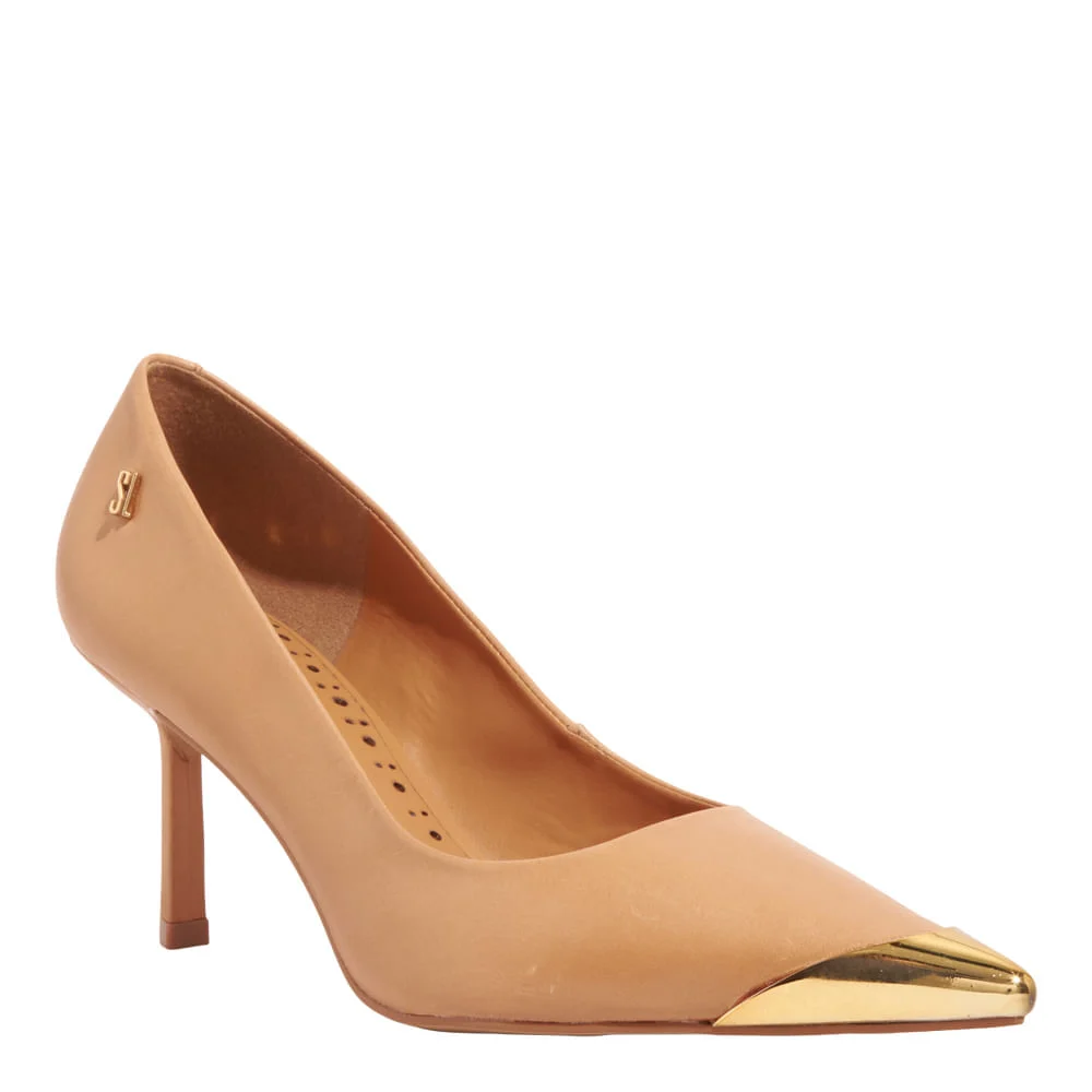 Scarpin Couro Pelica Soft Marrom Doce de Leite Bico Fino Metal - vista 2 de 4