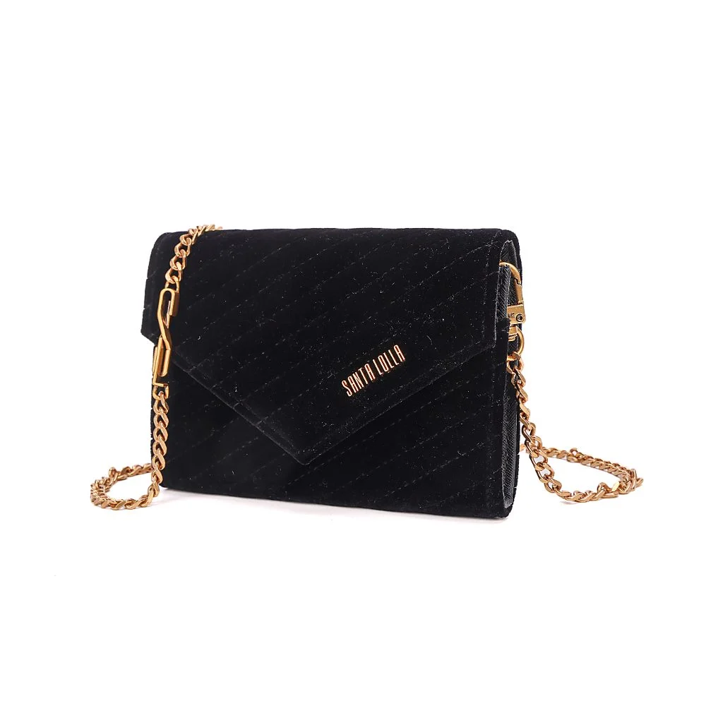 Bolsa Carteira Veludo Preto Alça Transversal Corrente - vista 4 de 7