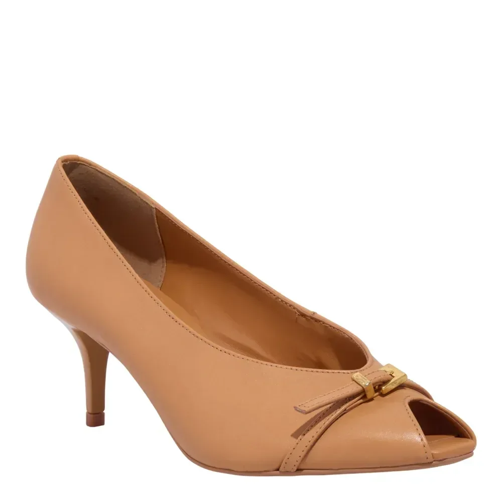 Peep Toe Couro Marrom Salto Baixo Fivela - vista 2 de 3