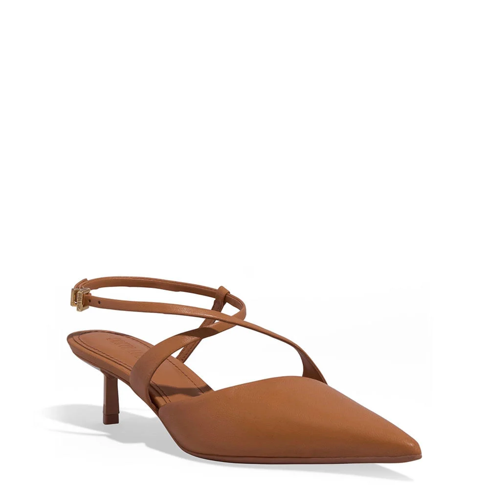 Scarpin Couro Bico Fino Marrom Tira Cruzada - vista 2 de 3