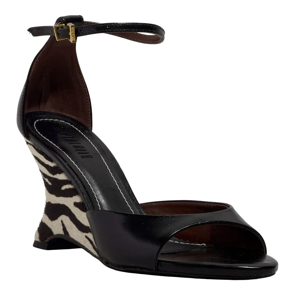 Sandália Peep Toe Couro Confort Preto Salto Anabela Animal Print Zebra Preto - vista 2 de 4