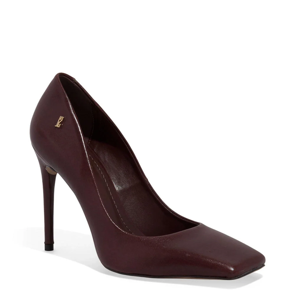 Scarpin Couro Bico Quadrado Marrom Salto Alto - vista 3 de 4