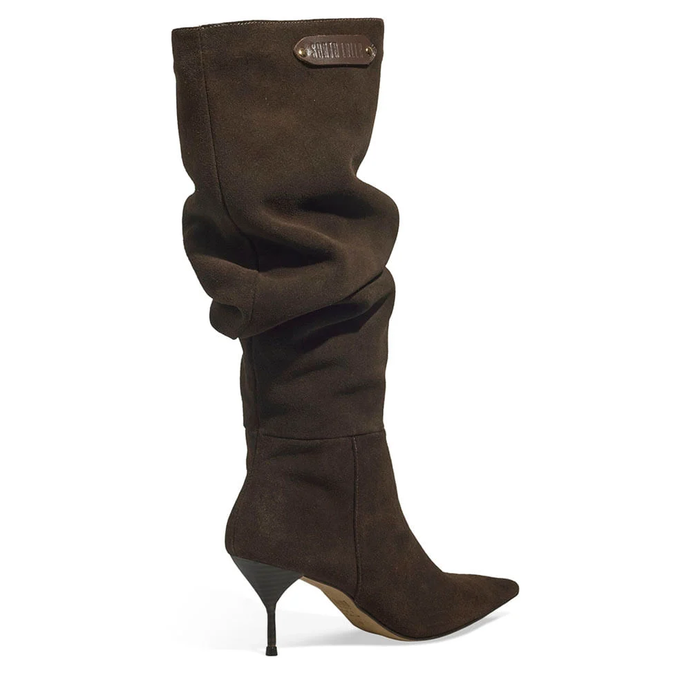 Bota Couro Camurça Cano Alto Slouch Marrom Dark - vista 3 de 3