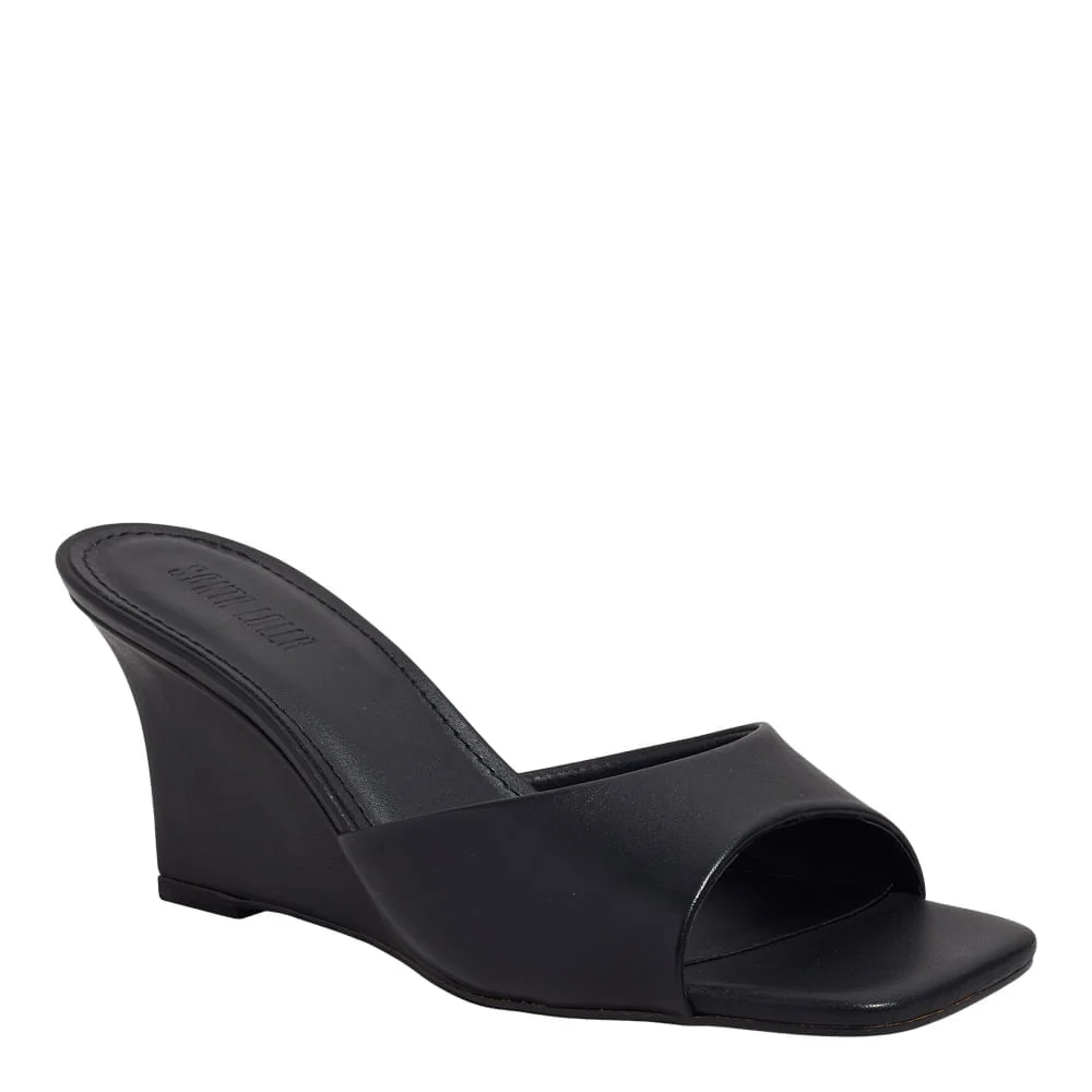 Mule Salto Anabela Couro Pelica Soft Preto Bico Quadrado - vista 2 de 3