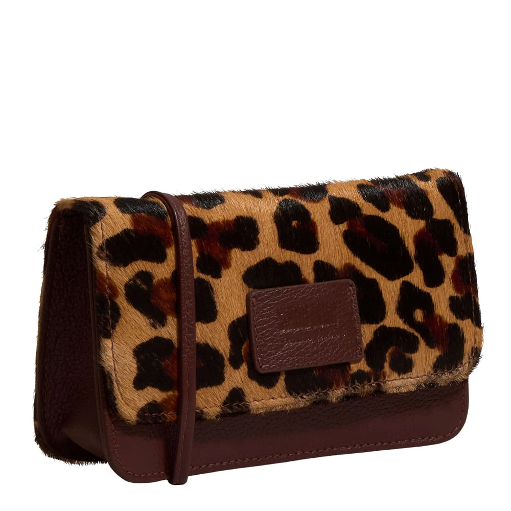 Bolsa Pequena Couro Pelo Estampa Animal Print Onça Alça Transversal - vista 2 de 4