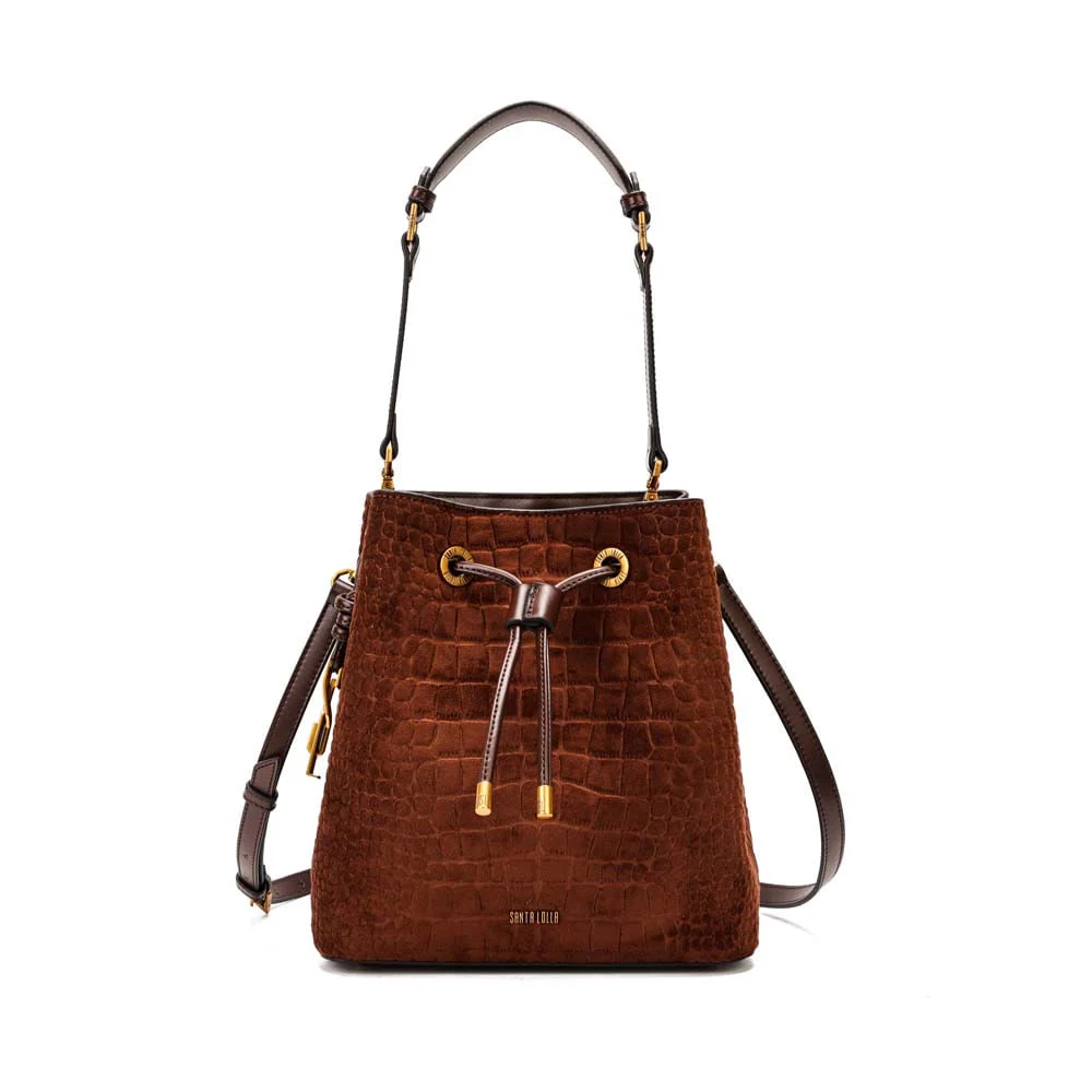 Bolsa Bucket Média Nobuck Croco Marrom Dark - vista 2 de 9