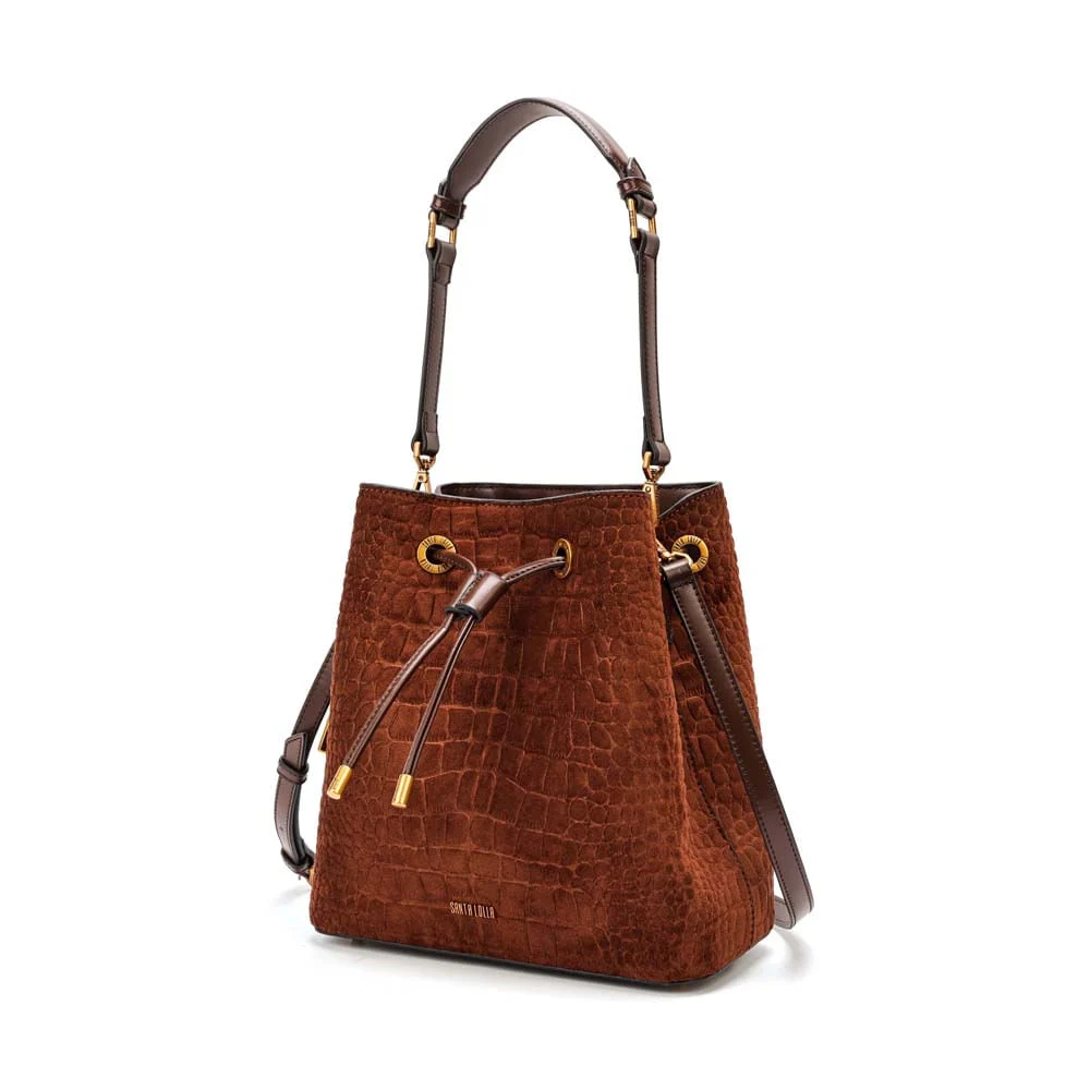 Bolsa Bucket Média Nobuck Croco Marrom Dark - vista 5 de 9