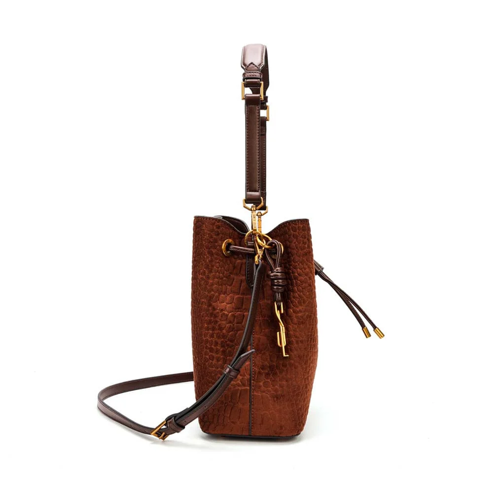 Bolsa Bucket Média Nobuck Croco Marrom Dark - vista 6 de 9