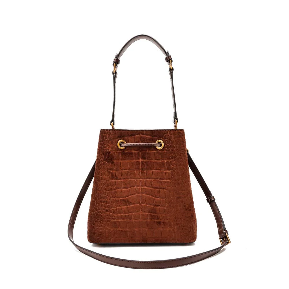 Bolsa Bucket Média Nobuck Croco Marrom Dark - vista 7 de 9