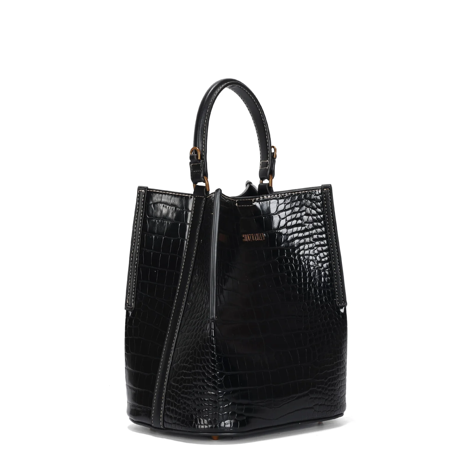 Bolsa Bucket Croco Preta Alça Dupla - vista 3 de 4
