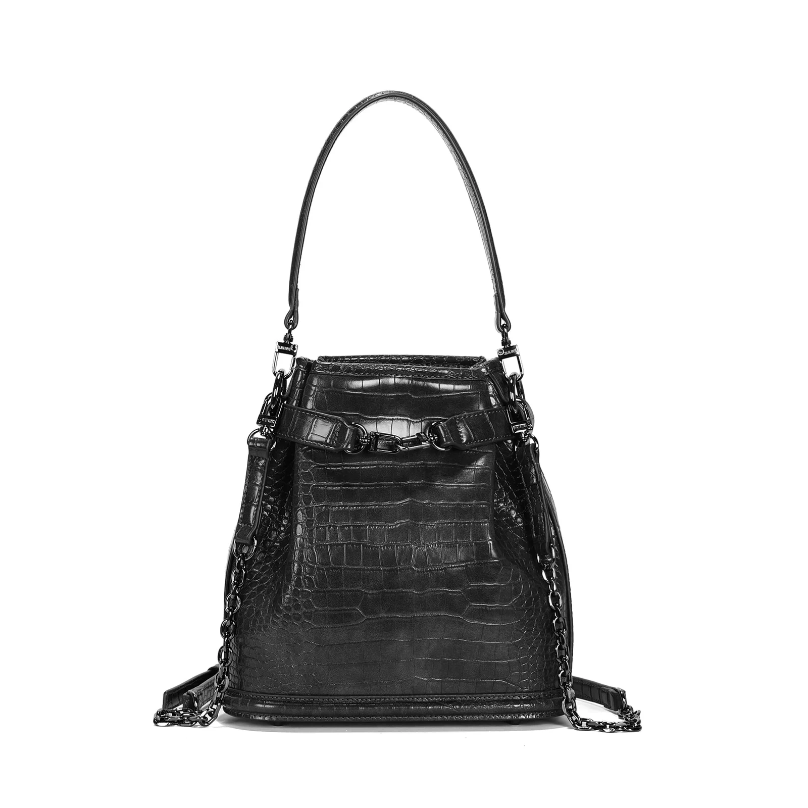 Bolsa Bucket Média Croco Preto Alça Corrente - vista 2 de 4