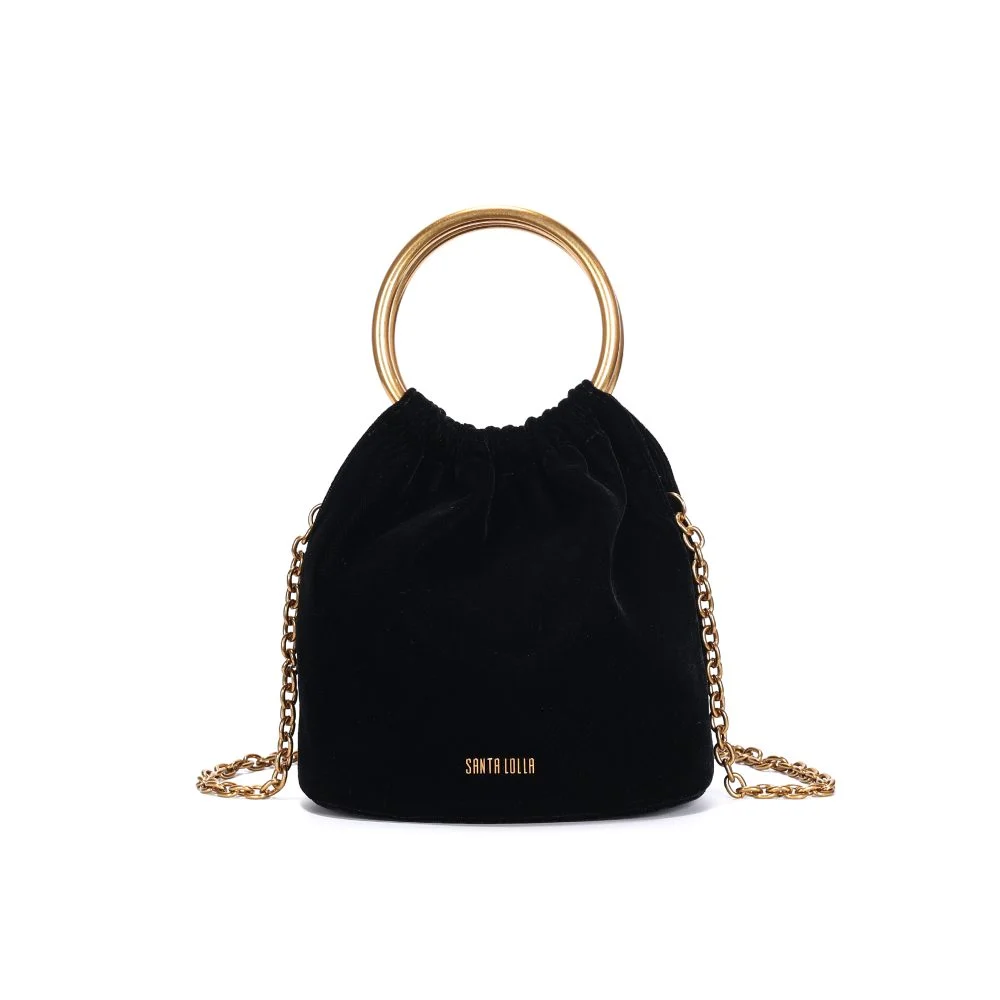 Bolsa Bucket Pequena Veludo Preto Alça Metal - vista 4 de 6