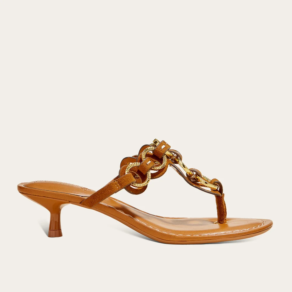 Mule Thong Metal Suede Caramelo Safari Salto Fino - vista 1 de 3
