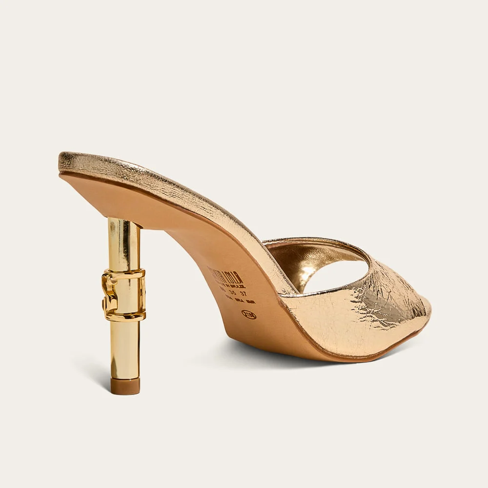 Tamanco Mule Couro Metalizado Salto Fino Metal Caramelo Doce de Leite - vista 2 de 3