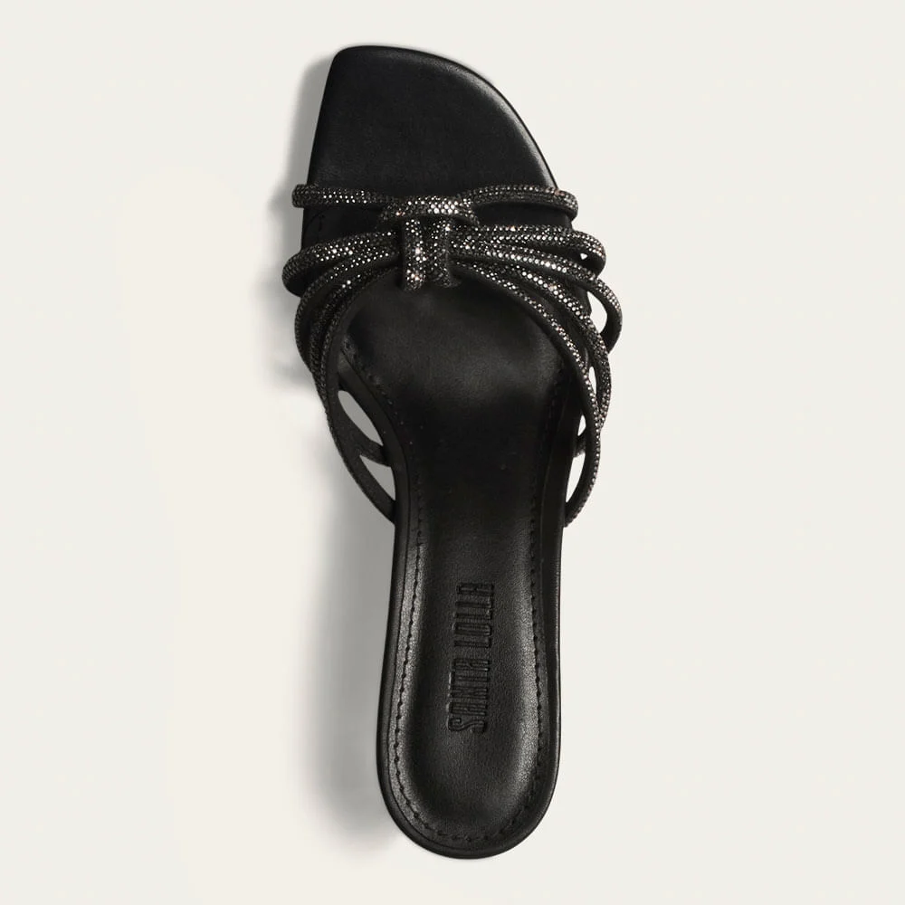 Tamanco Mule Brilho Strass Bico Quadrado Salto Fino Preto - vista 4 de 4