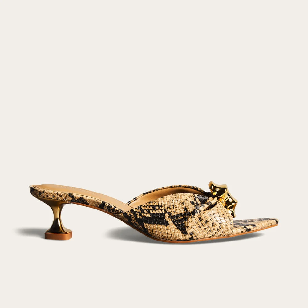 Tamanco Mule Metal Couro Salto Metalizado Taça Animal Print Cobra - vista 1 de 4
