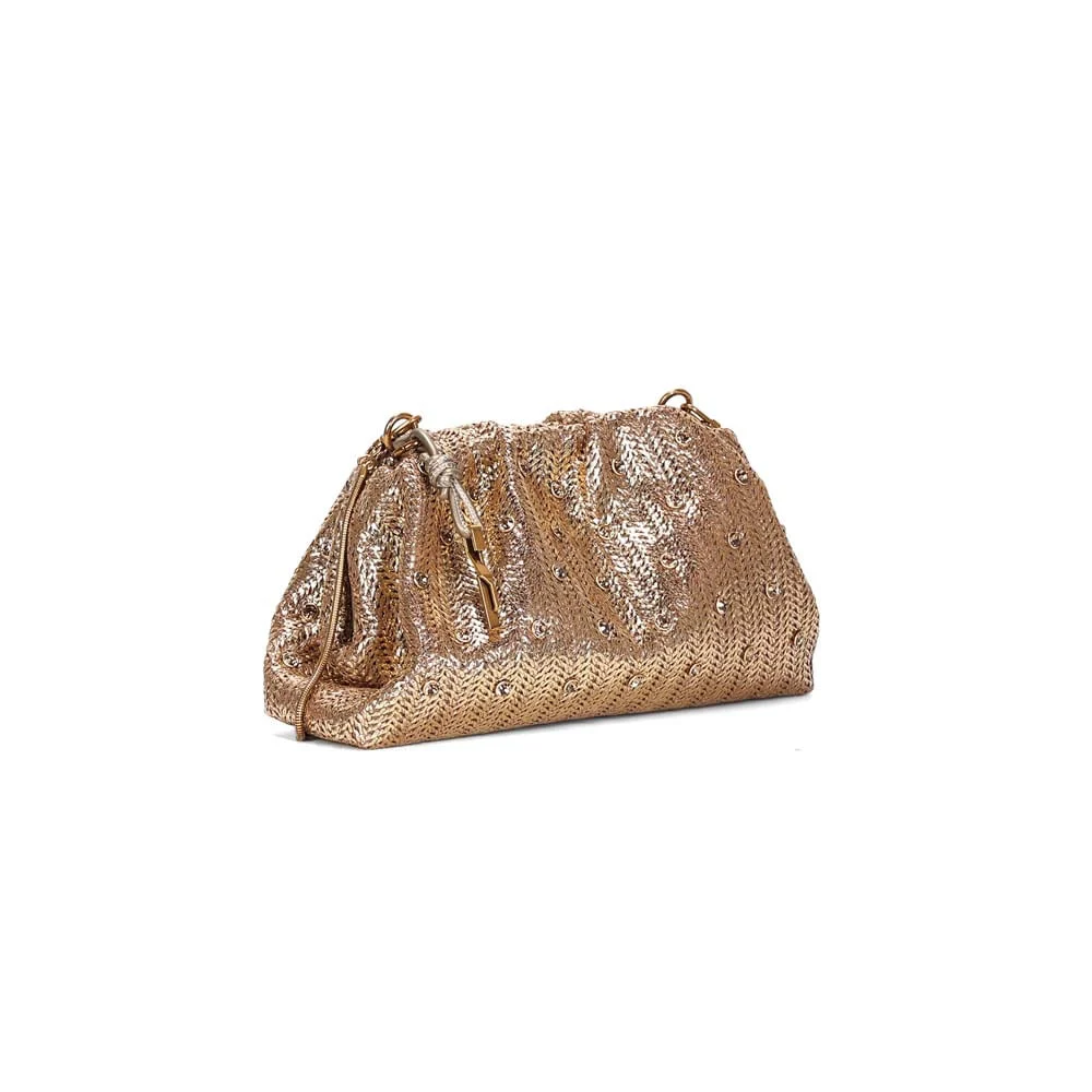 Bolsa Pouch Tramado Metalizado Dourado Tiracolo Brilho - vista 2 de 3