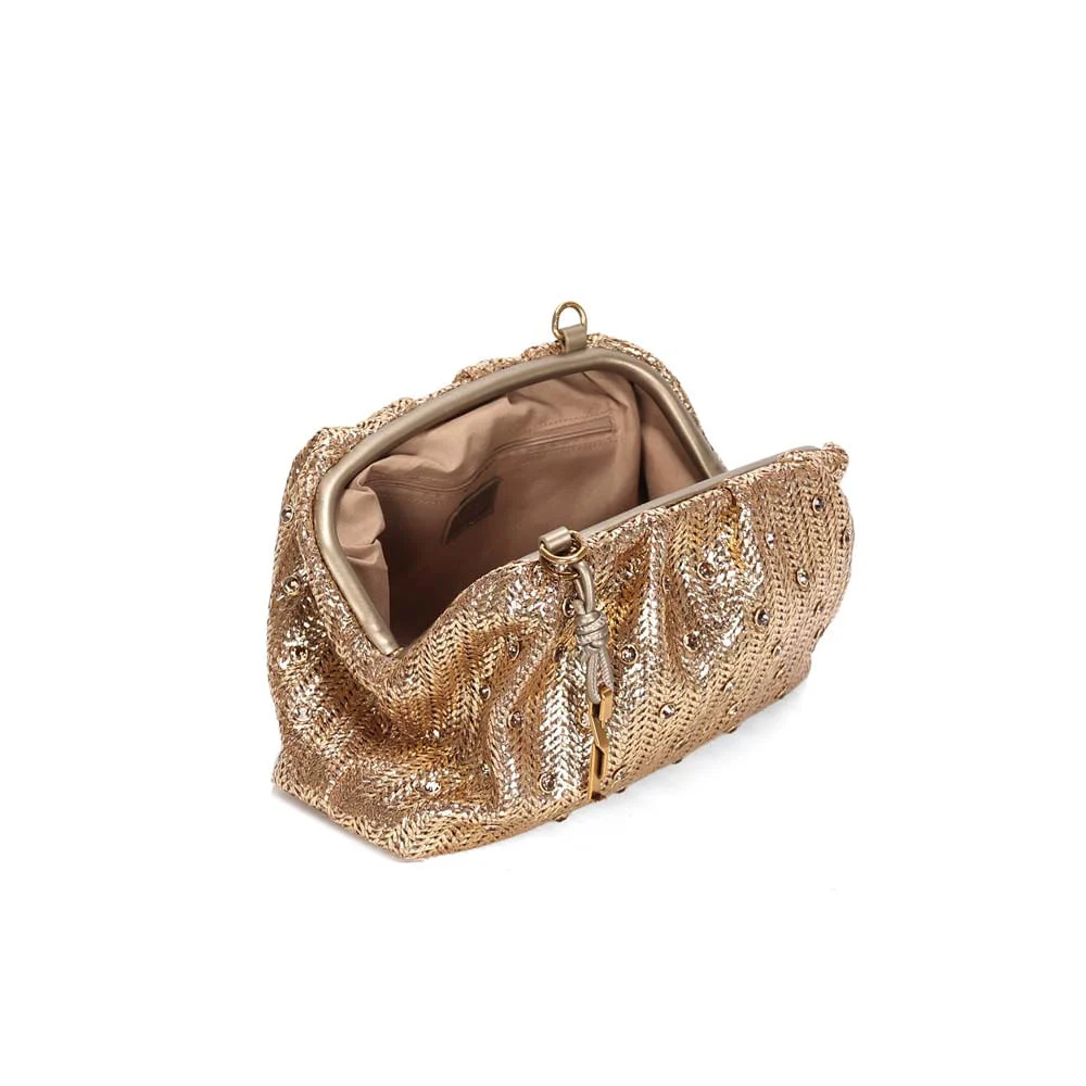 Bolsa Pouch Tramado Metalizado Dourado Tiracolo Brilho - vista 3 de 3