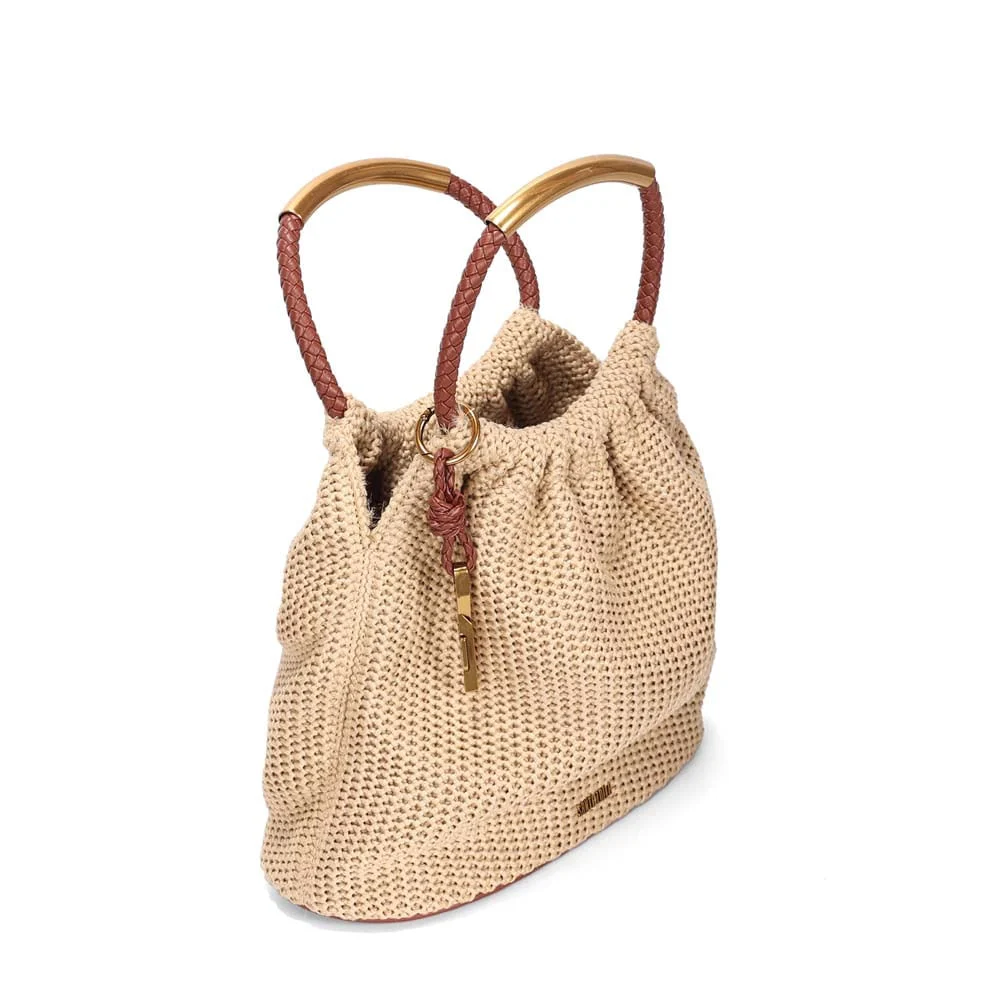 Bolsa Bucket Média Palha Tramado Bege Transversal - vista 3 de 3